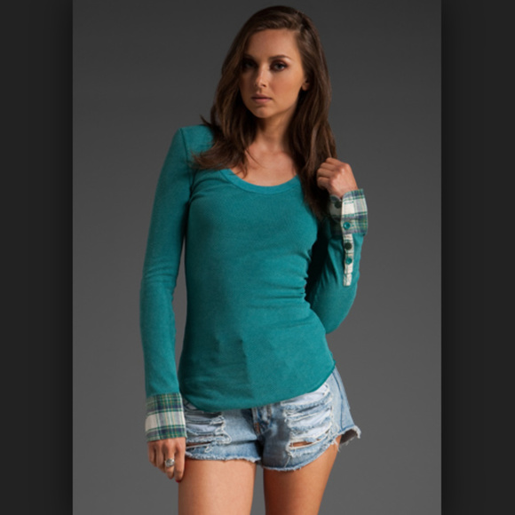 Free People Tops - [FREE PEOPLE] RARE Lou Flannel Cuff Thermal,  Teal